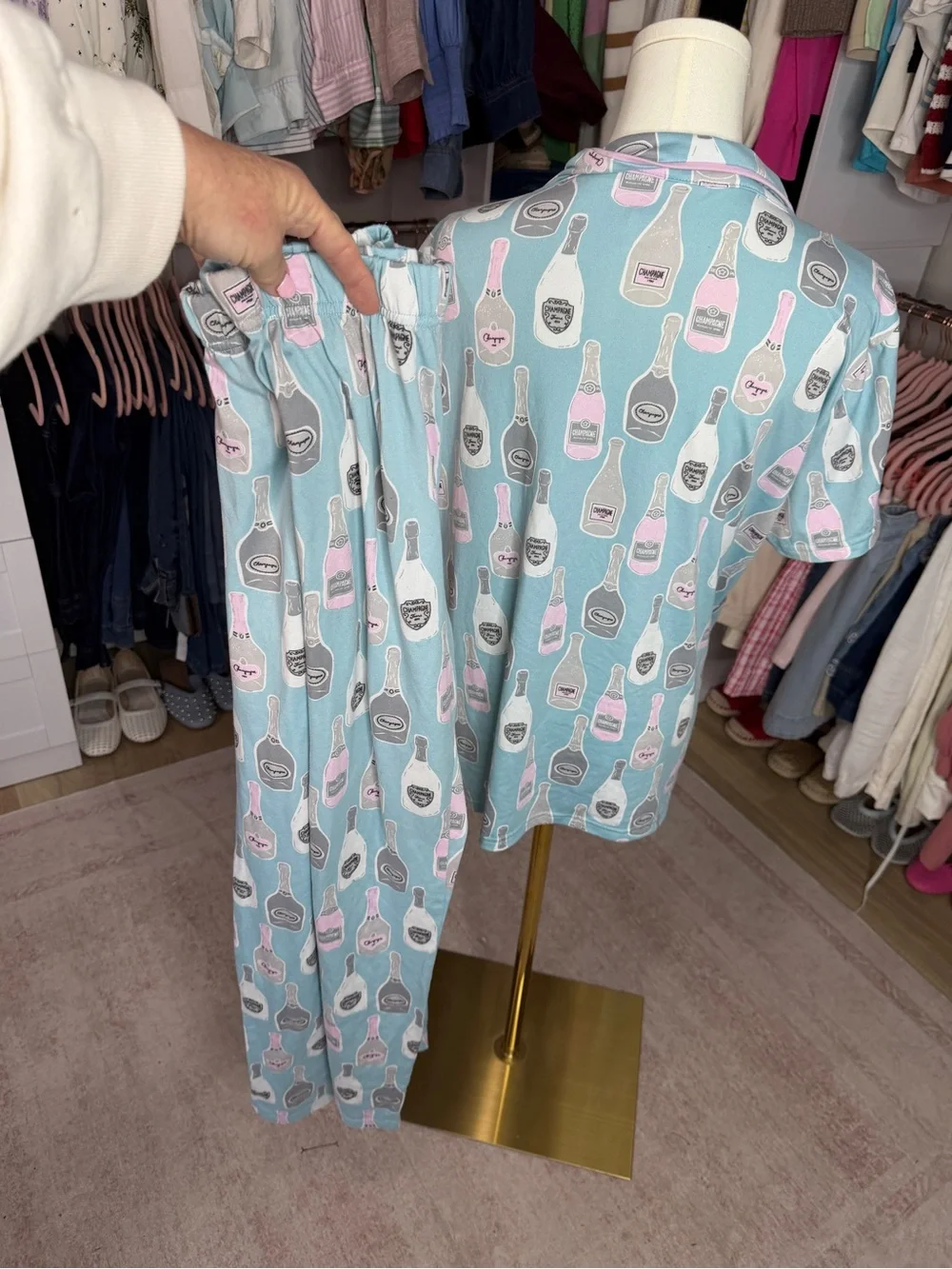 munki munki Light Blue and Pink Champagne Bottle Pajama Set